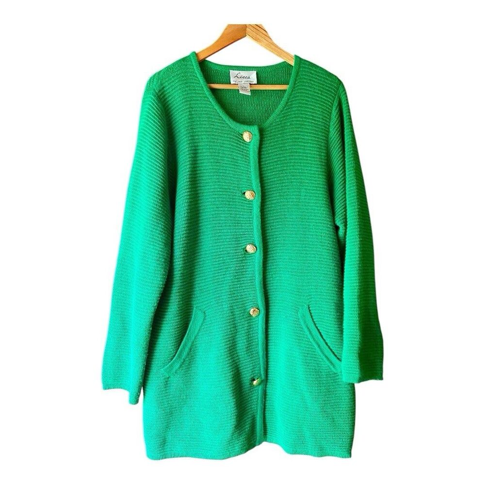 Wool Blend Green Knit Cardigan Sweater with Gold Buttons sz L